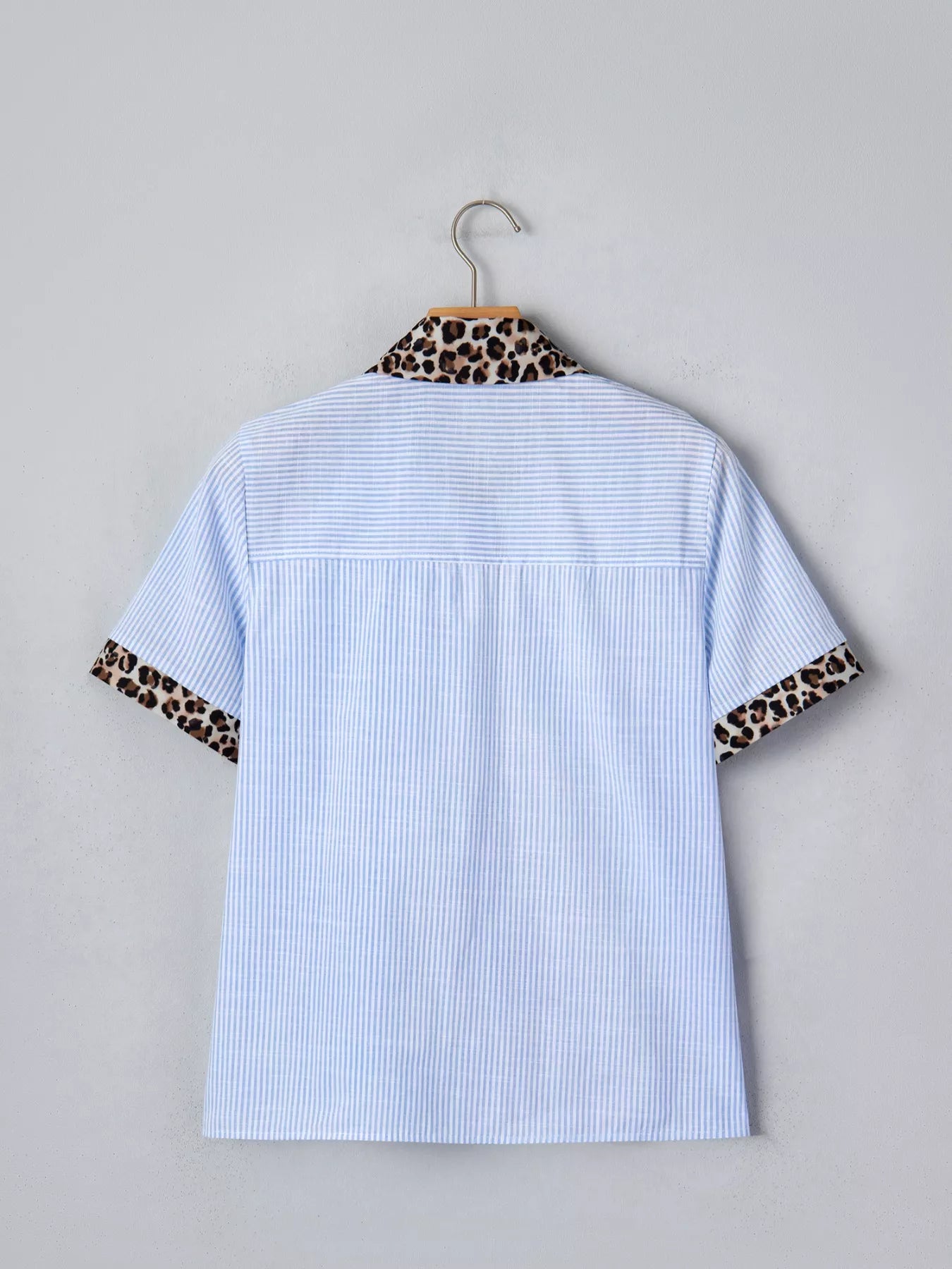 Stripe Leopard Contrast Collar Short Sleeve Shirt  Shop One Place