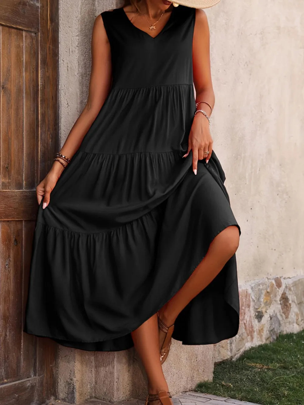 Tiered V-Neck Sleeveless Dress  Shop One Place