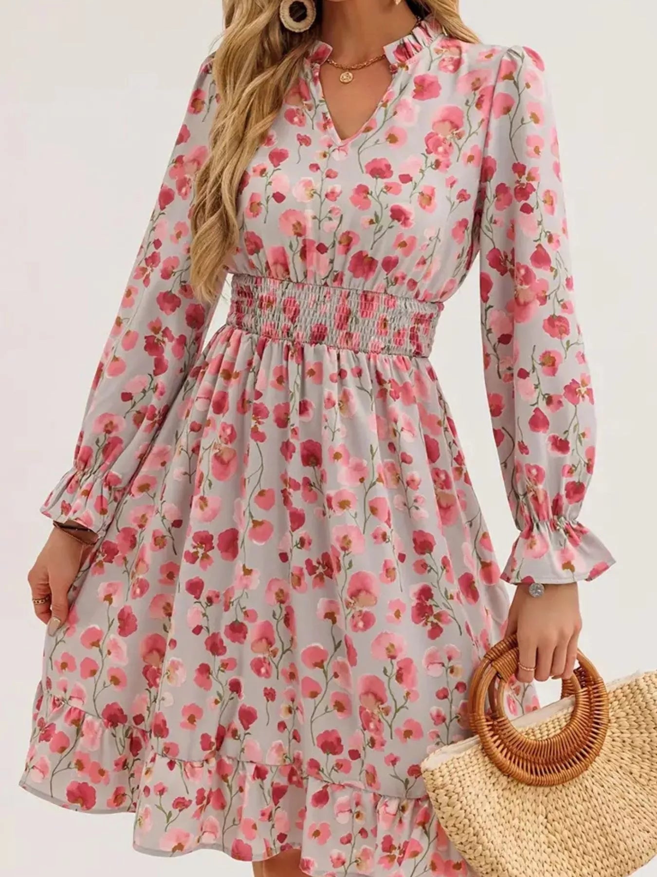 Floral Notched Flounce Sleeve Dress  Shop One Place