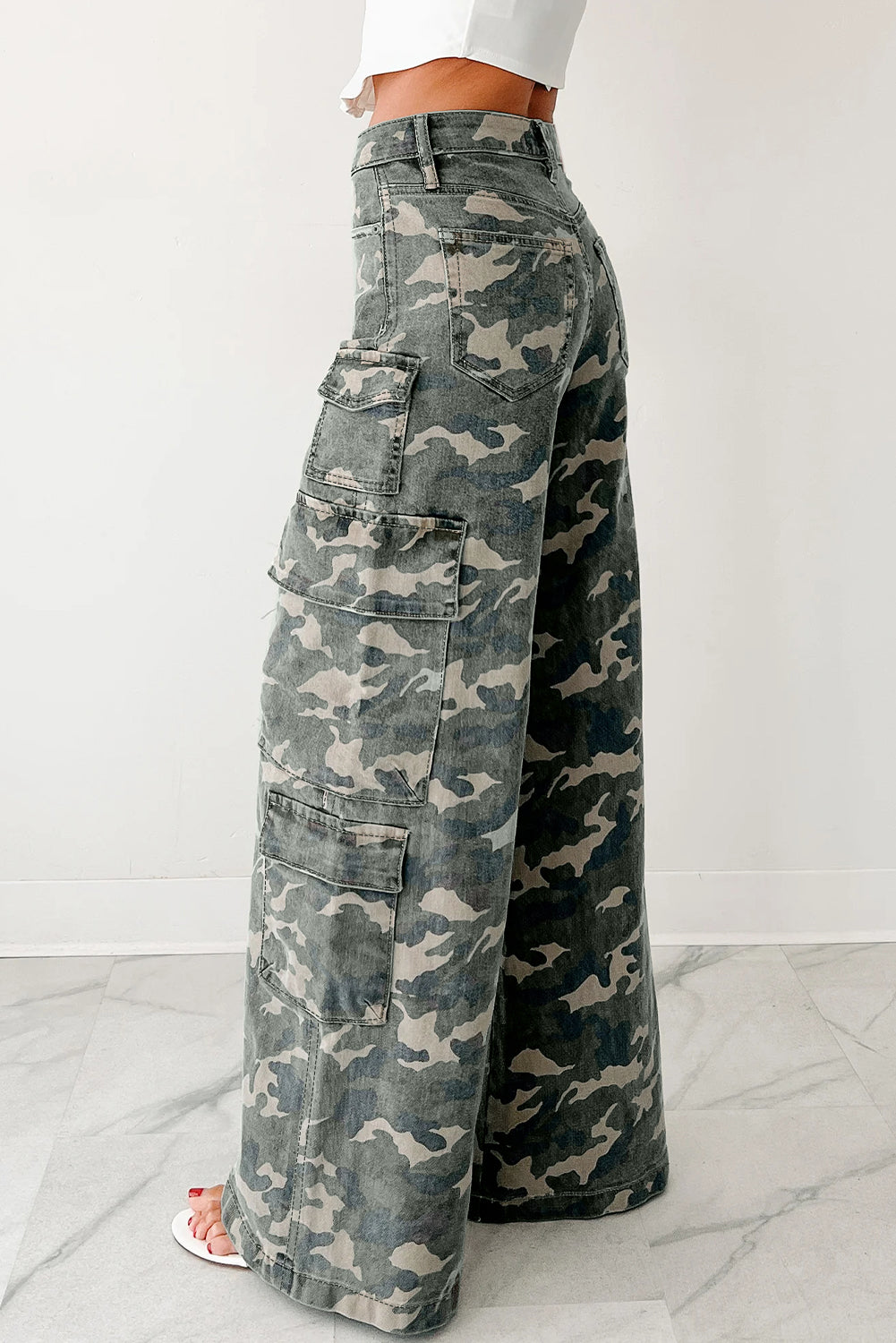 Green Camo Multi Pocket Cargo Wide Leg Jeans  Shop One Place