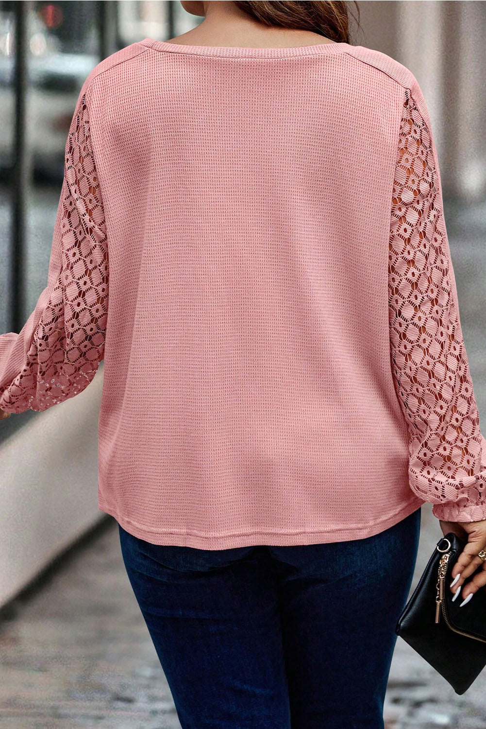 Apricot Pink Plus Size Contrast Lace Sleeve Waffle Textured Top