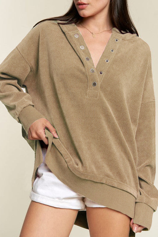 Simply Taupe Solid Ribbed Knit Buttoned Drop Shoulder Oversized Hoodie