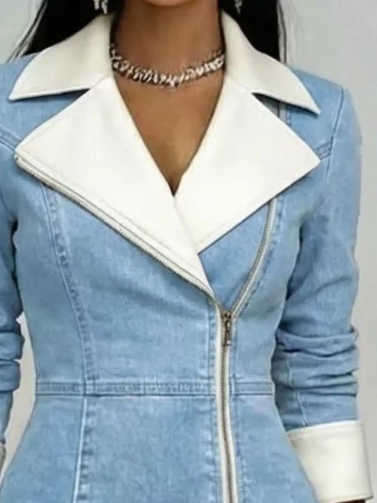 Full Size Contrast Lapel Zip-Front Denim Dress Plus Size  Shop One Place