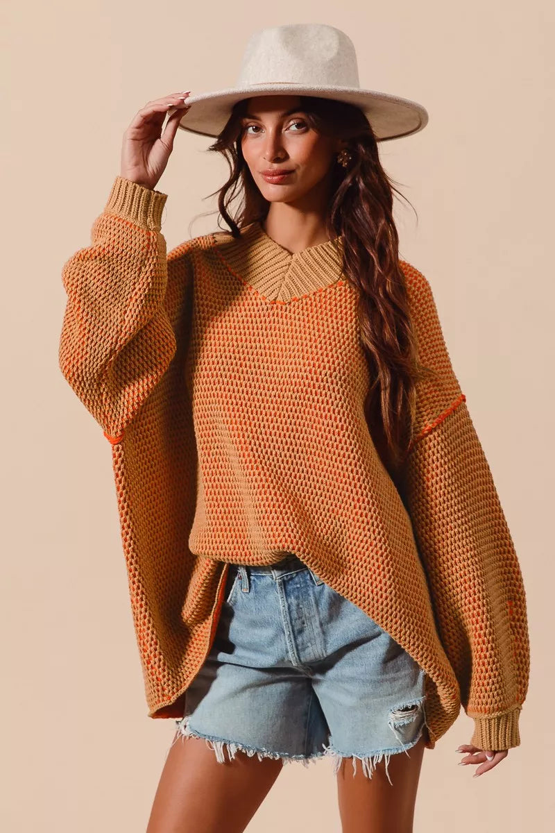 SO ME Oversized Two Tone Textured V Neck Sweater  Shop One Place