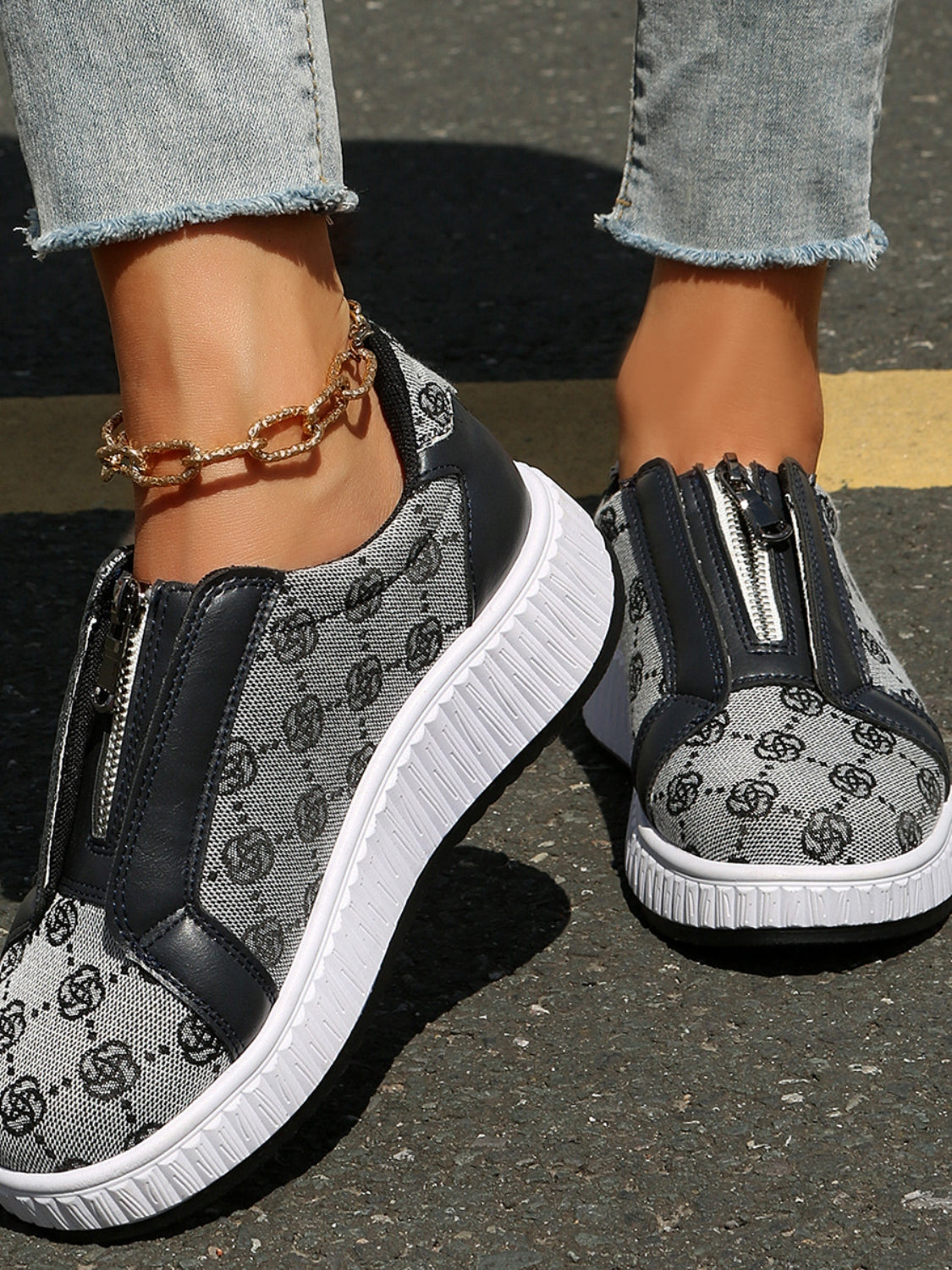 Floral Round Toe Sneakers with Zip  Shop One Place