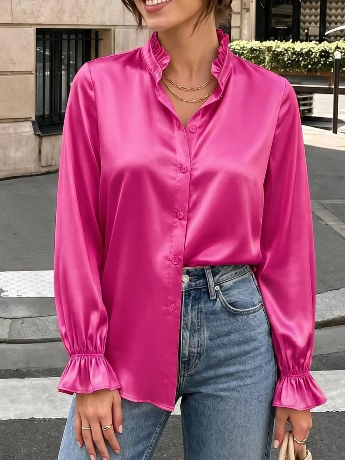 Women's Ruffle Trim Satin Button-Down Shirt – view 7
