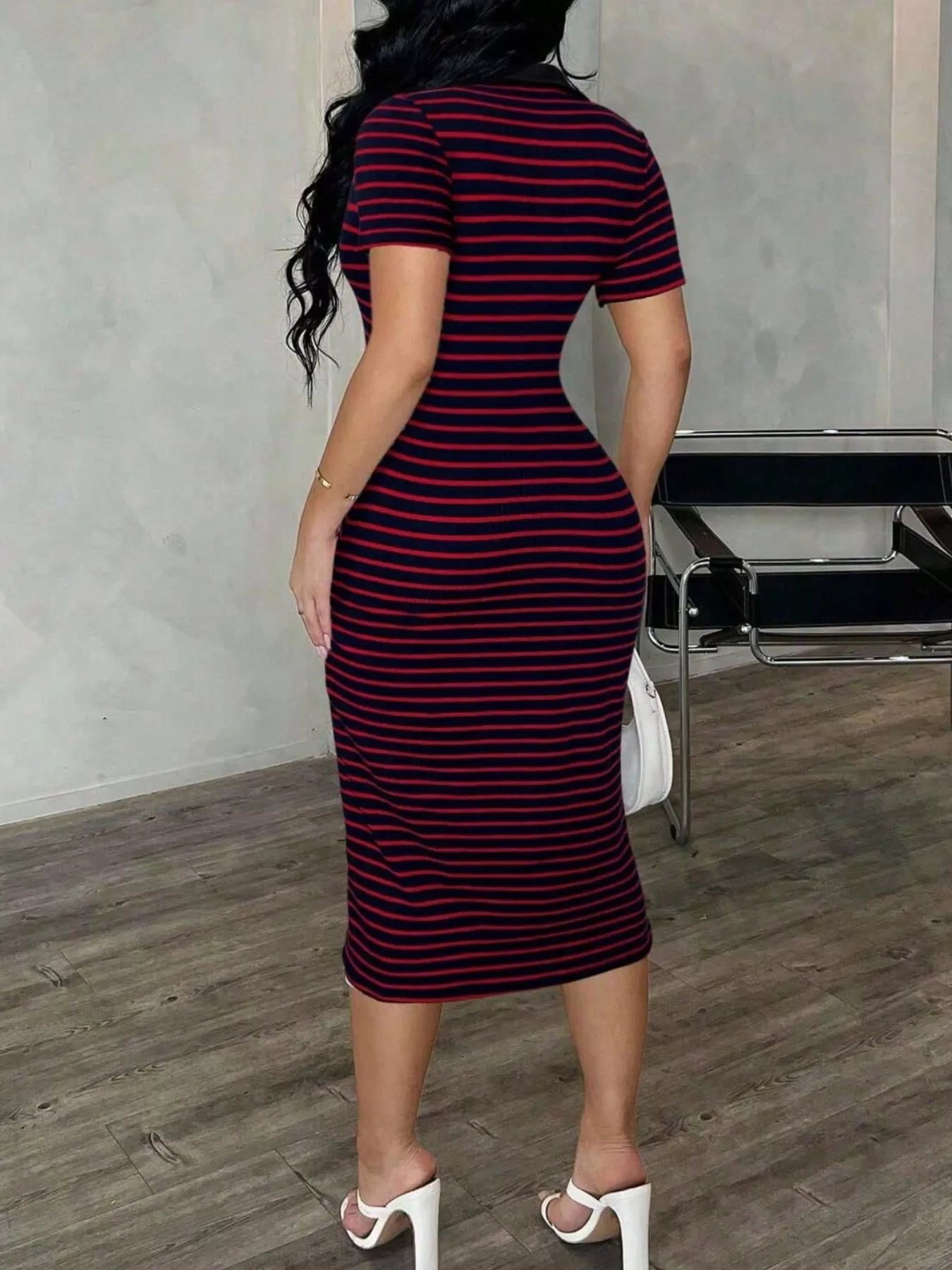 Striped Polo Collar Midi Dress  Shop One Place
