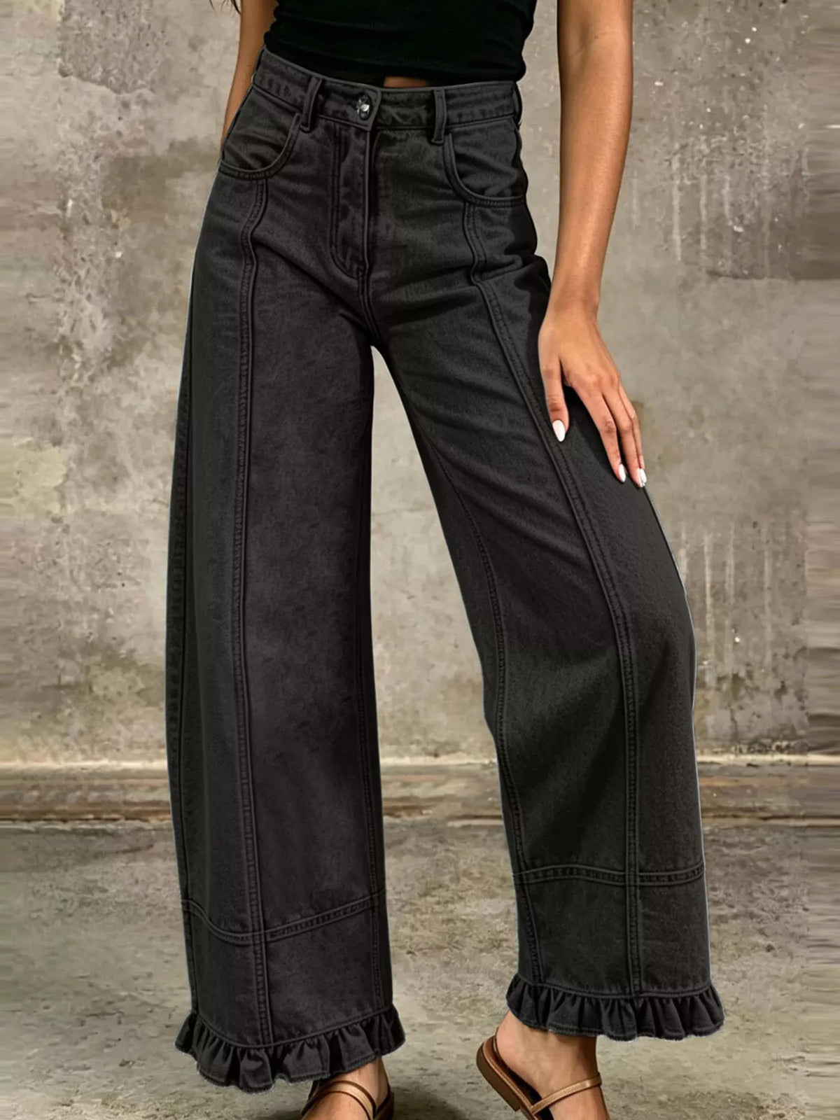 Full Size High-Waisted Wide-Leg Ruffled Hem Jeans Plus Size  Shop One Place