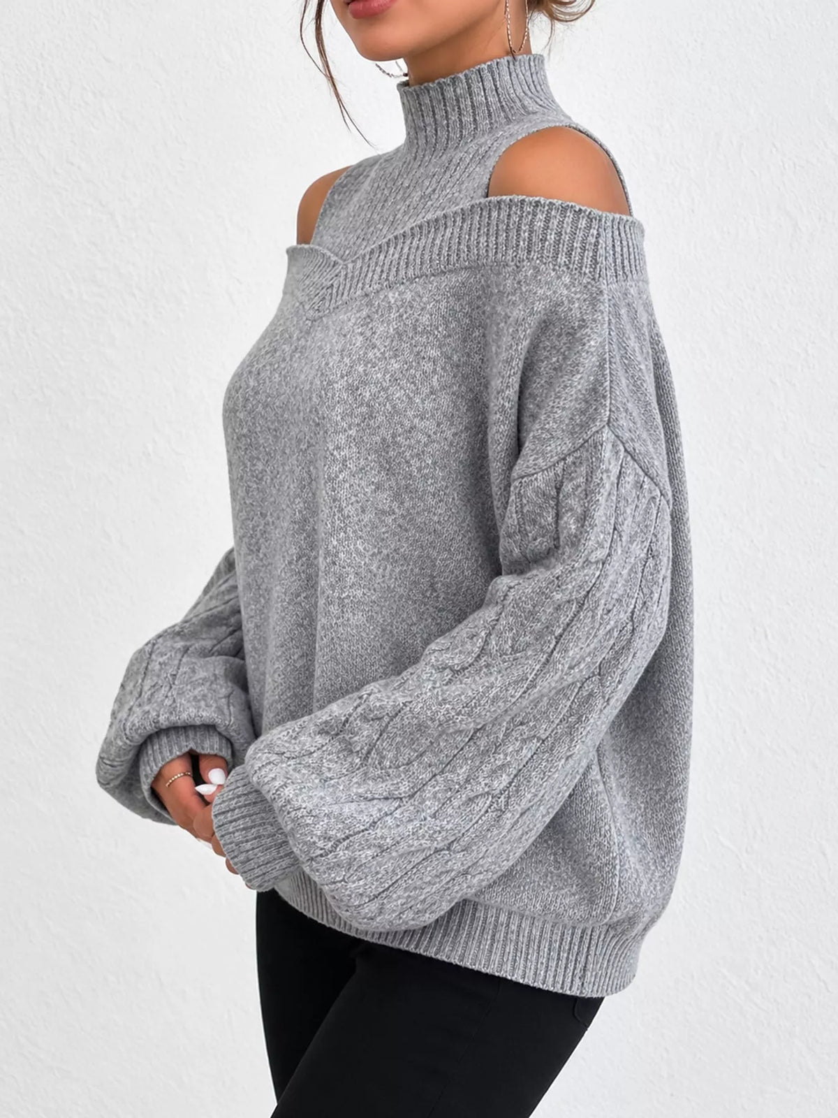 Women's Cold Shoulder Mock Neck Cable Knit Sweater – view 3