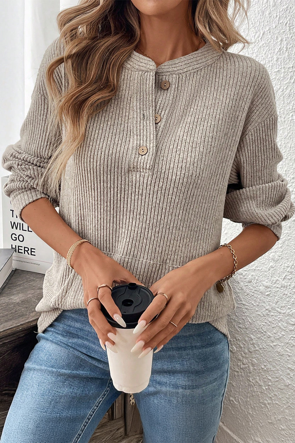 Simply Taupe Ribbed Texture Drop Shoulder Henley Knit Top  Shop One Place
