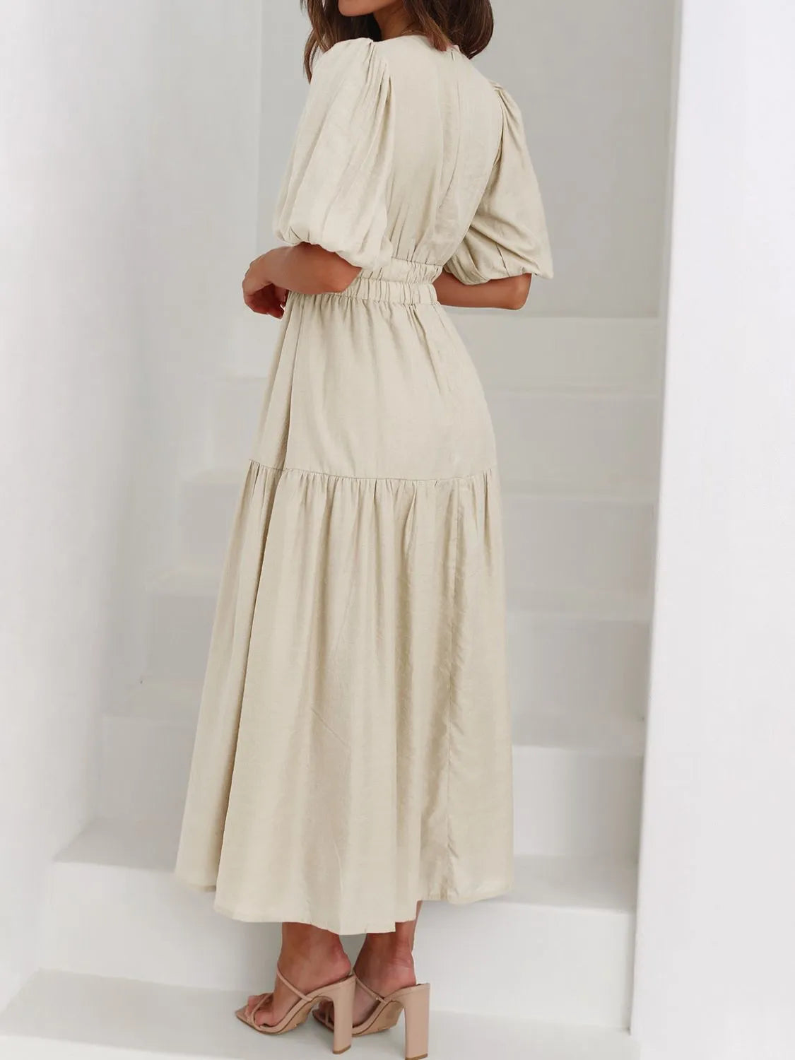 V-Neck Puff Sleeve Midi Dress  Shop One Place