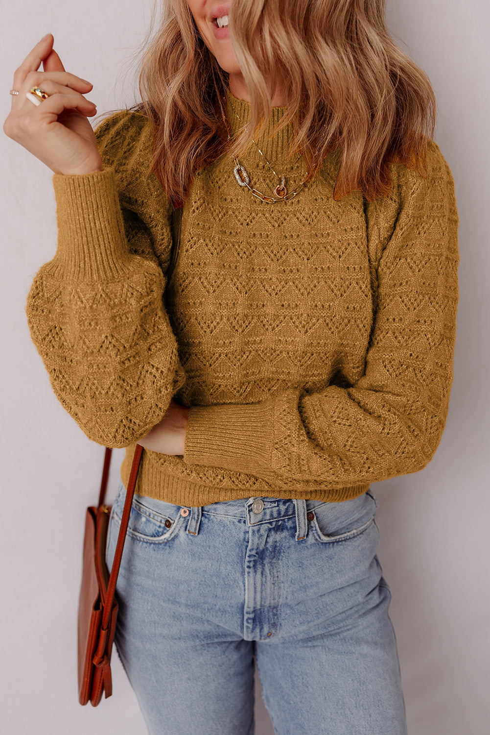 Jurassic Gold Hollow Out Crochet Ribbed Edge Balloon Sleeve Sweater  Shop One Place