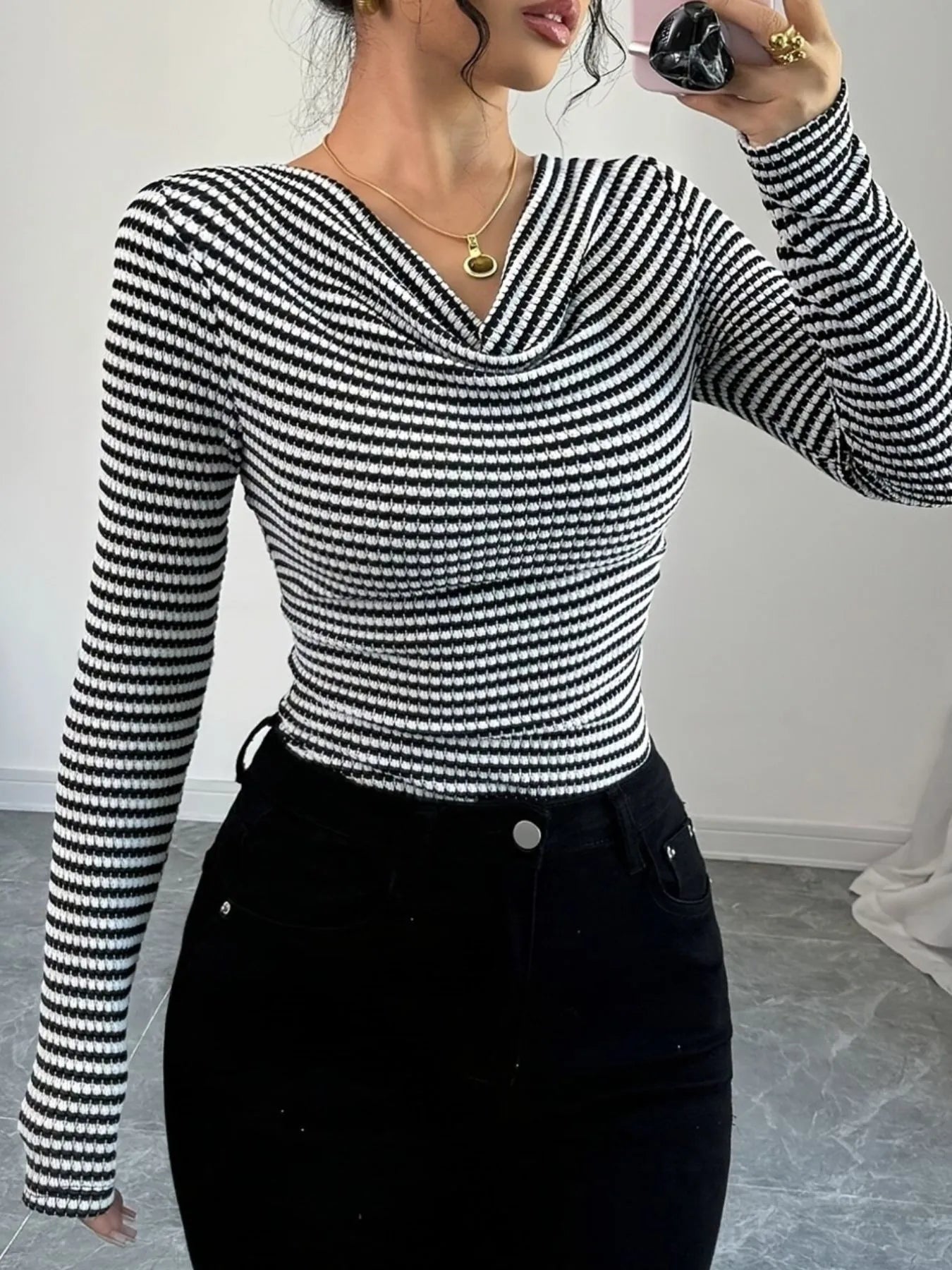 Striped Cowl Neck Long Sleeve T-Shirt  Shop One Place
