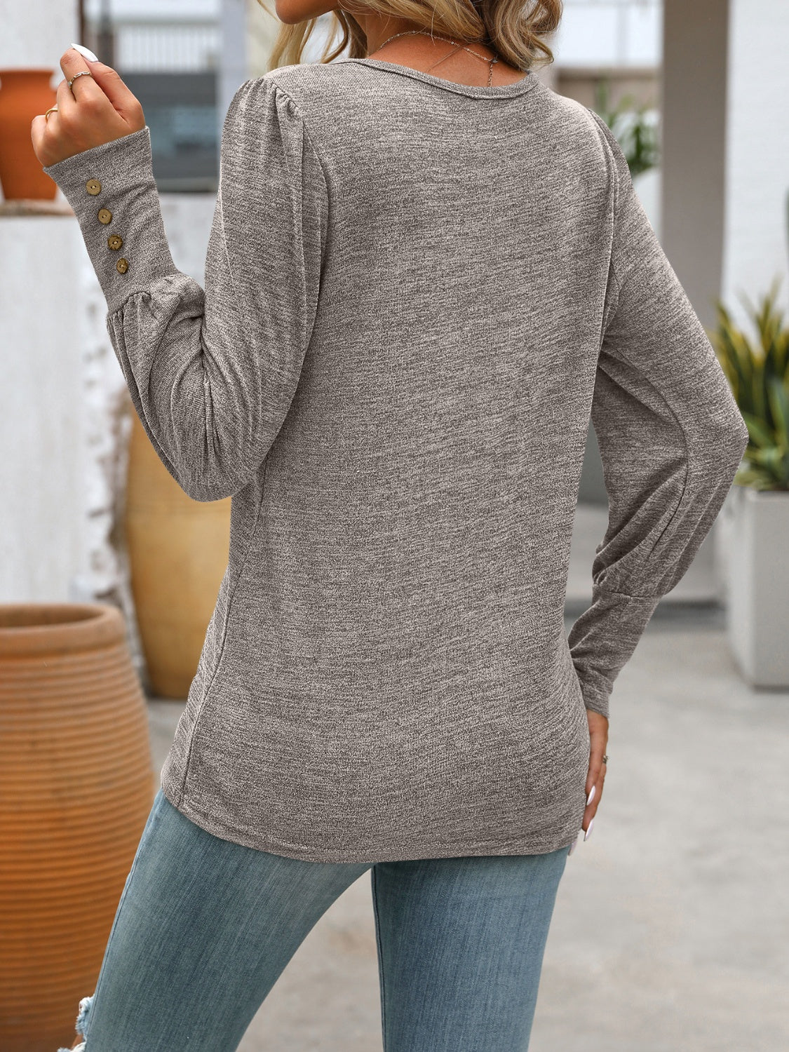 Decorative Button Round Neck Long Sleeve T-Shirt  Shop One Place