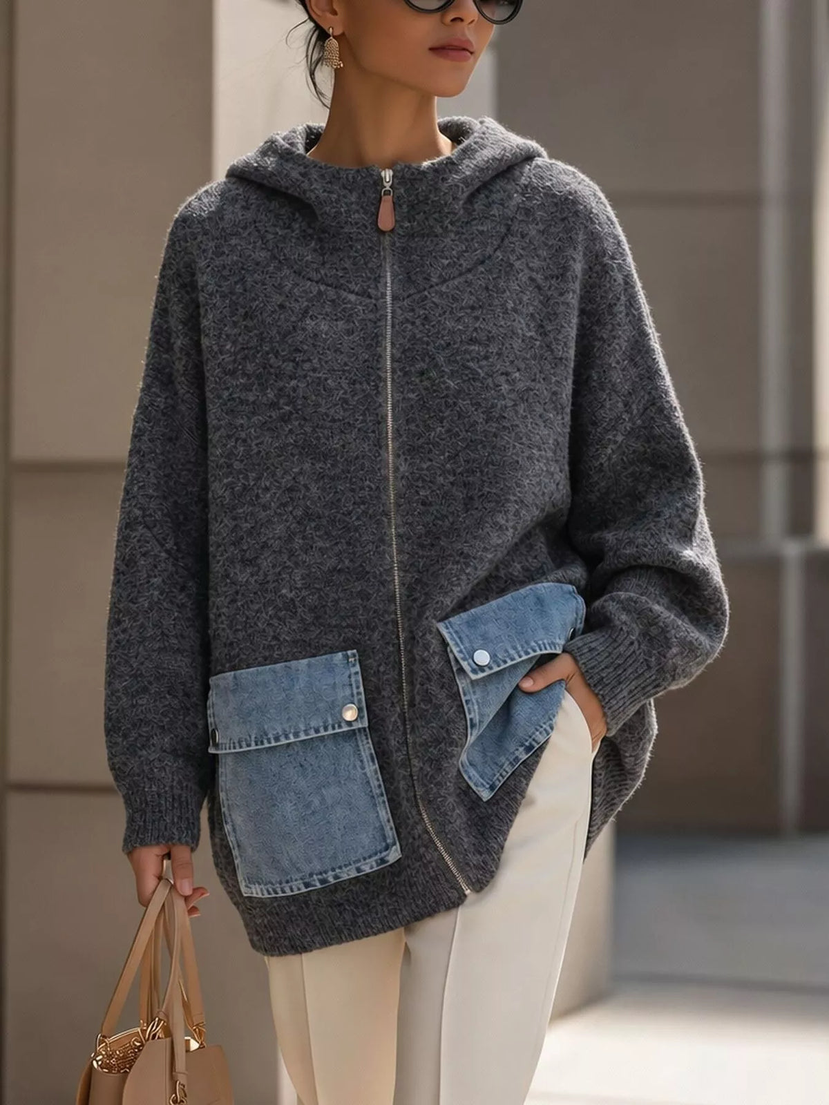 Women's Hooded Zip-Up Knit Cardigan