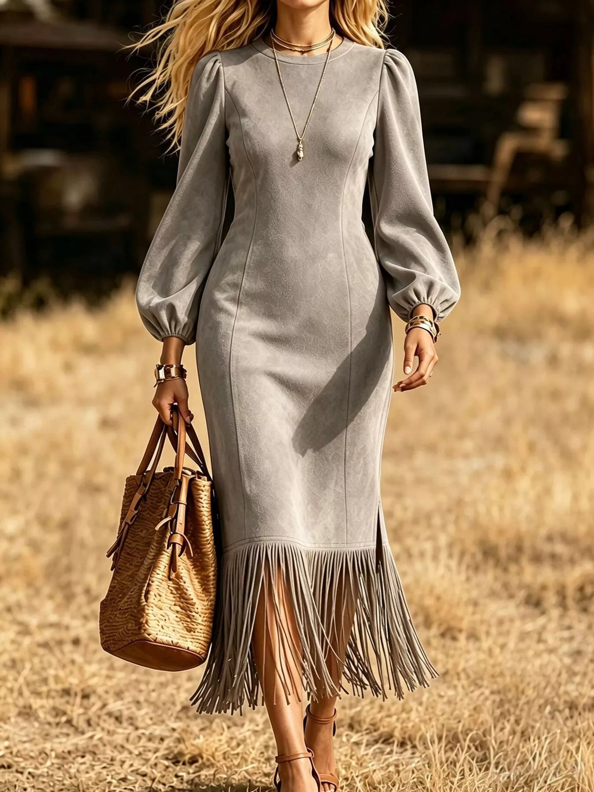 Women's Fringe Hem Balloon Sleeve Midi Dress – view 6