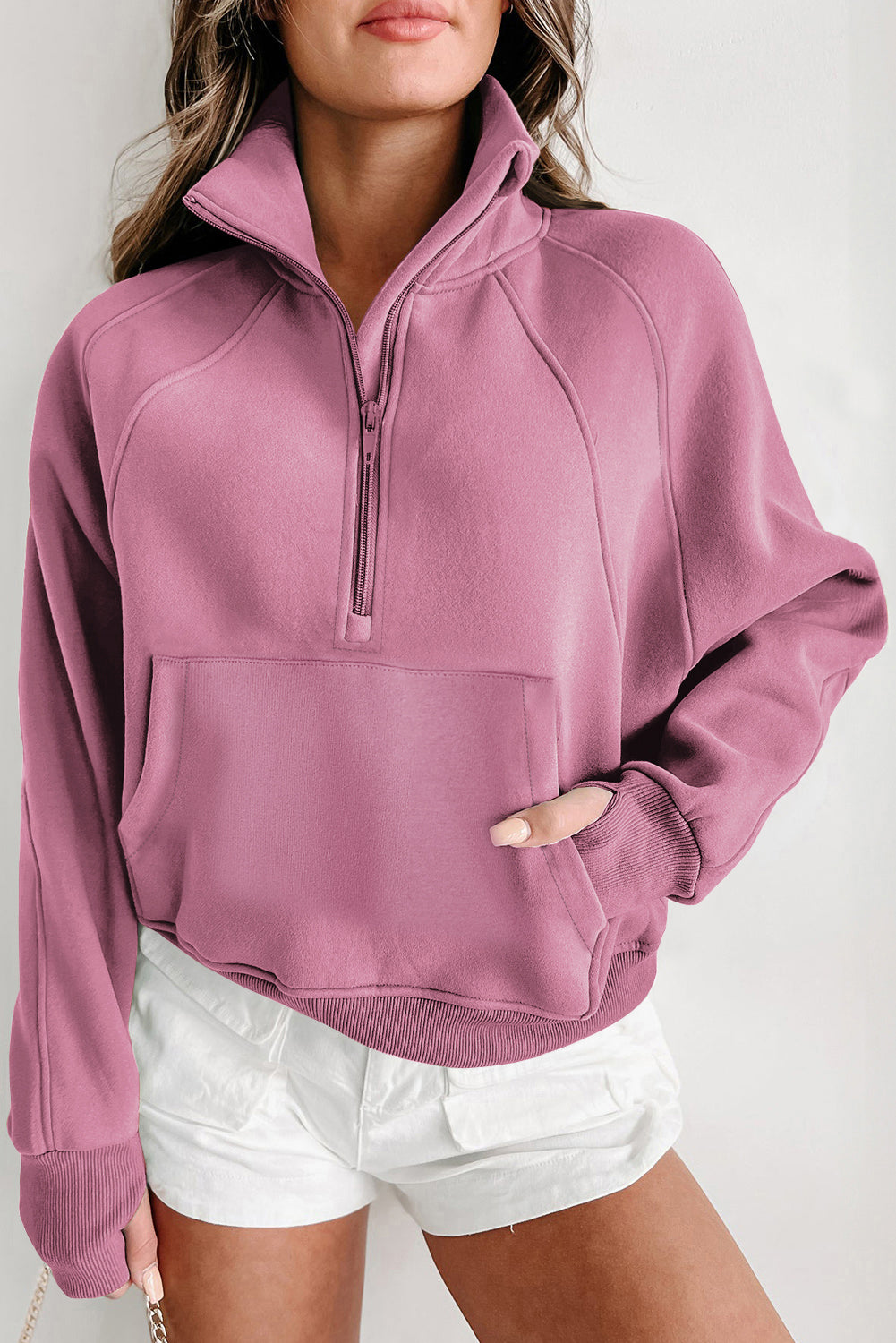 Zip Up Stand Collar Ribbed Thumbhole Sleeve Sweatshirt