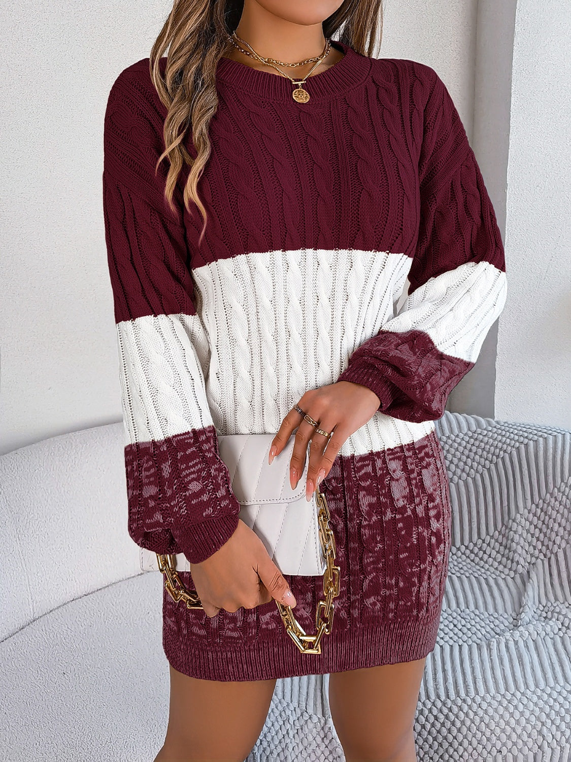 Cable-Knit Round Neck Color Block Sweater Dress  Shop One Place