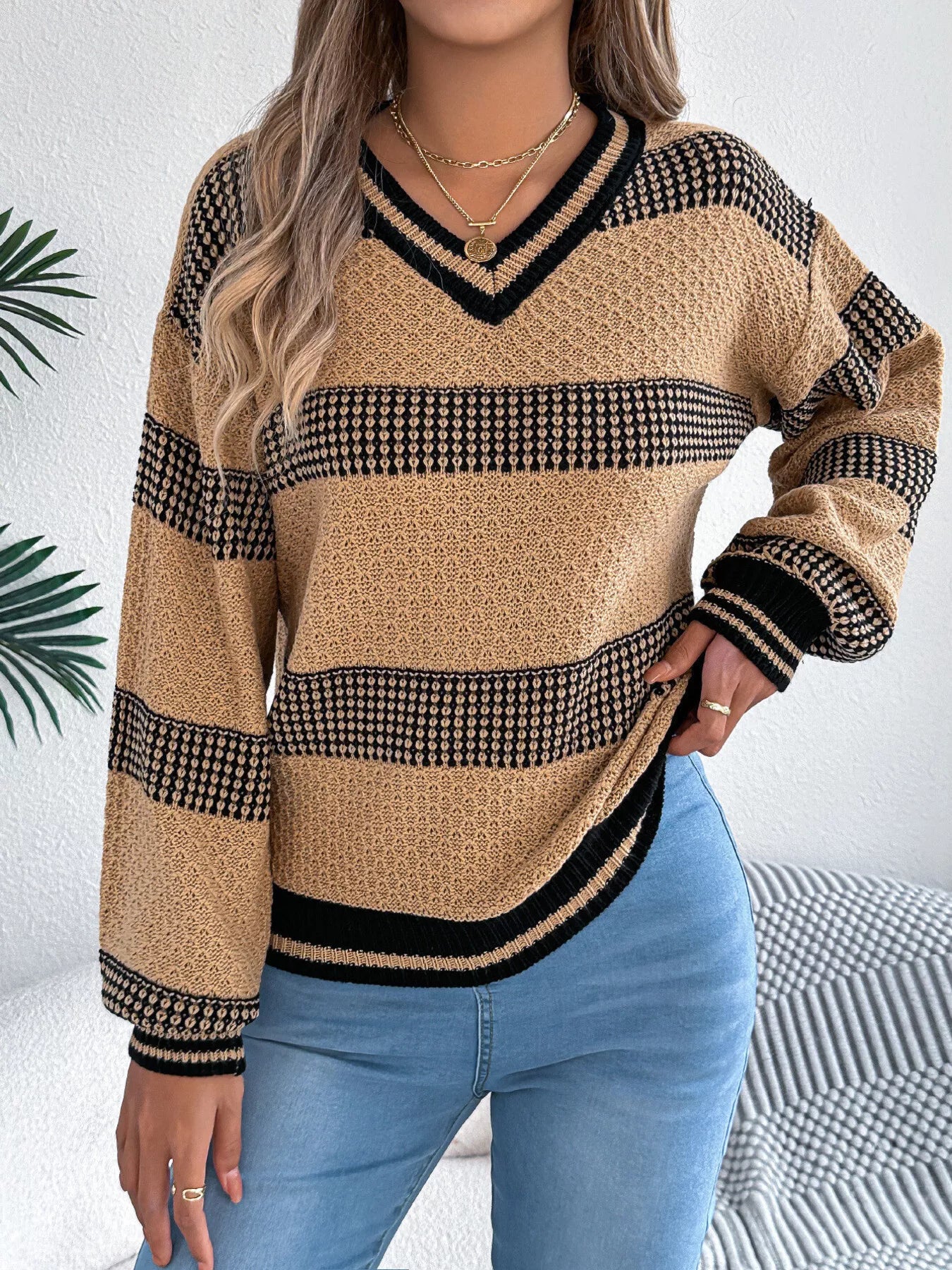 Contrast Striped V-Neck Sweater  Shop One Place