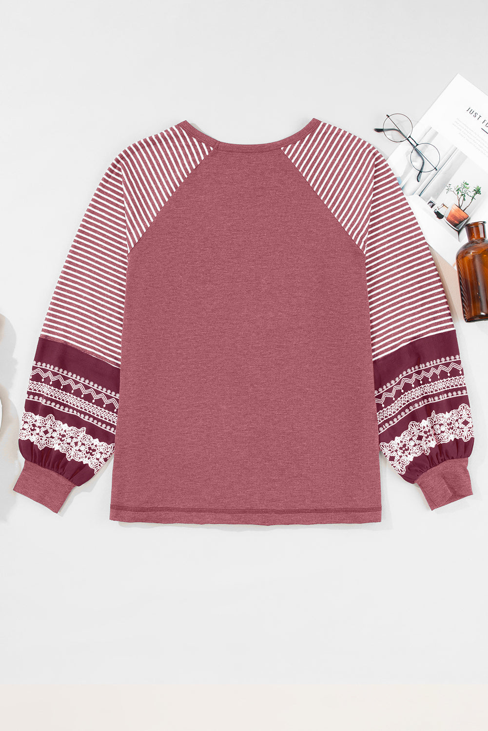 Gray Contrast Print Striped Raglan Long Sleeve Loose Top  Shop One Place