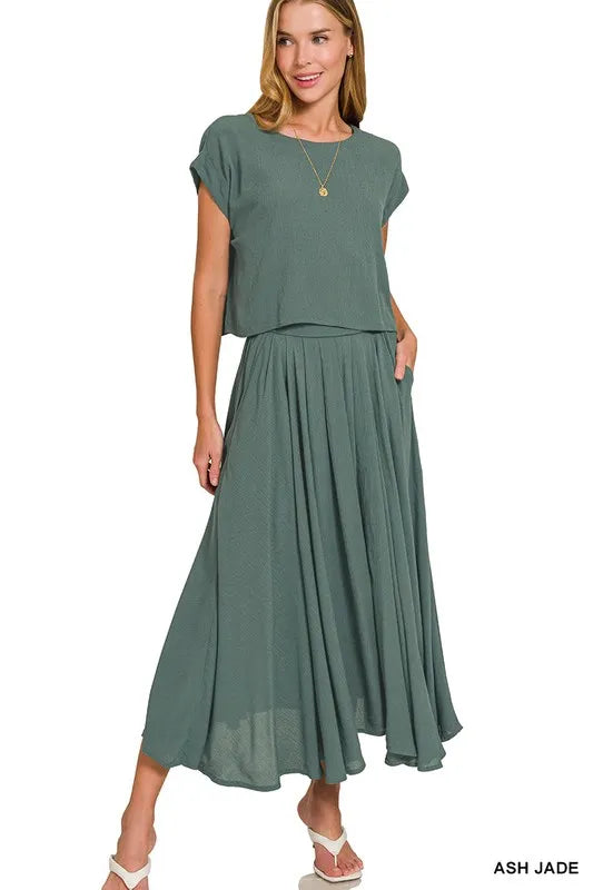 Zenana Woven Crinkle Gauze Crop Tee and Skirt Set-Ash Jade  Shop One Place