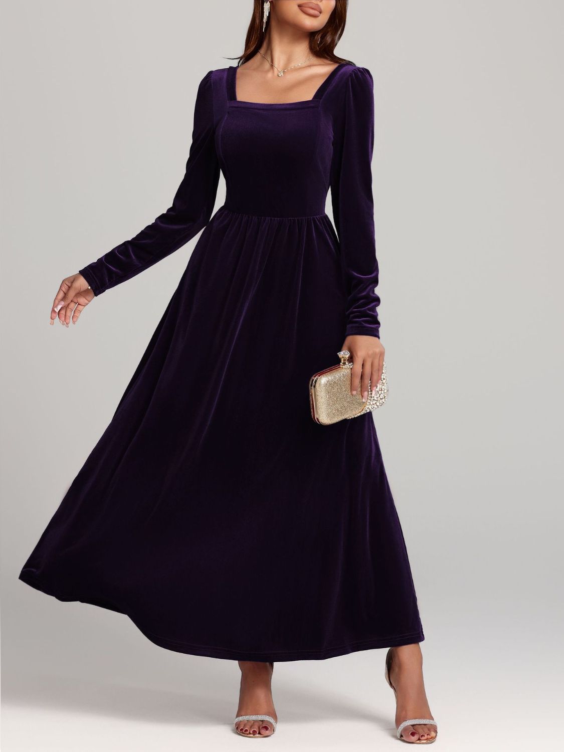 Velvet Square Neck Long Sleeve Dress  Shop One Place