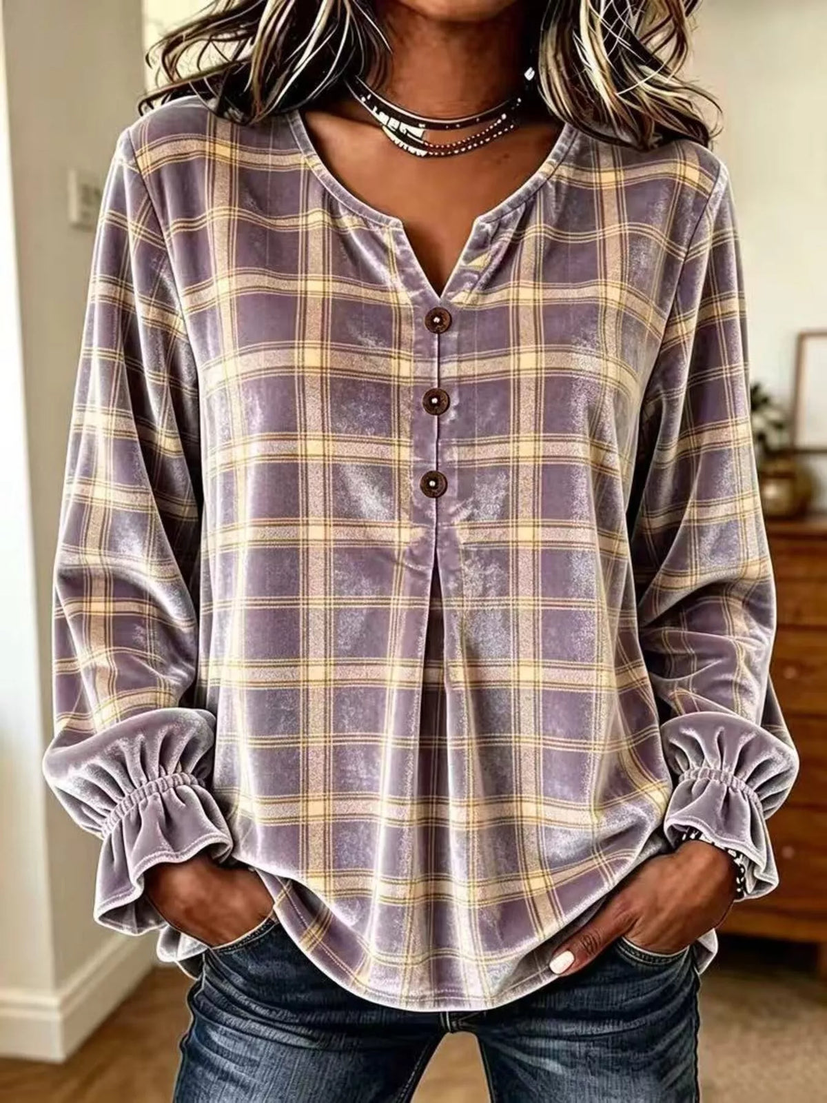 Women's Plaid Velvet Flounce Sleeve Blouse – view 5