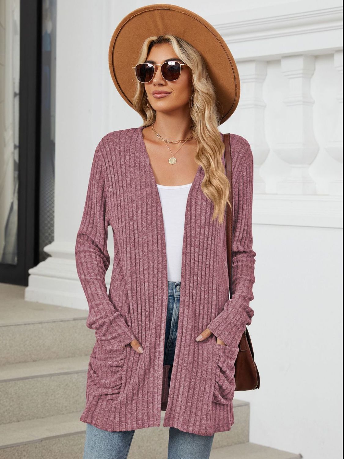 Pocketed Open Front Long Sleeve Cardigan  Shop One Place