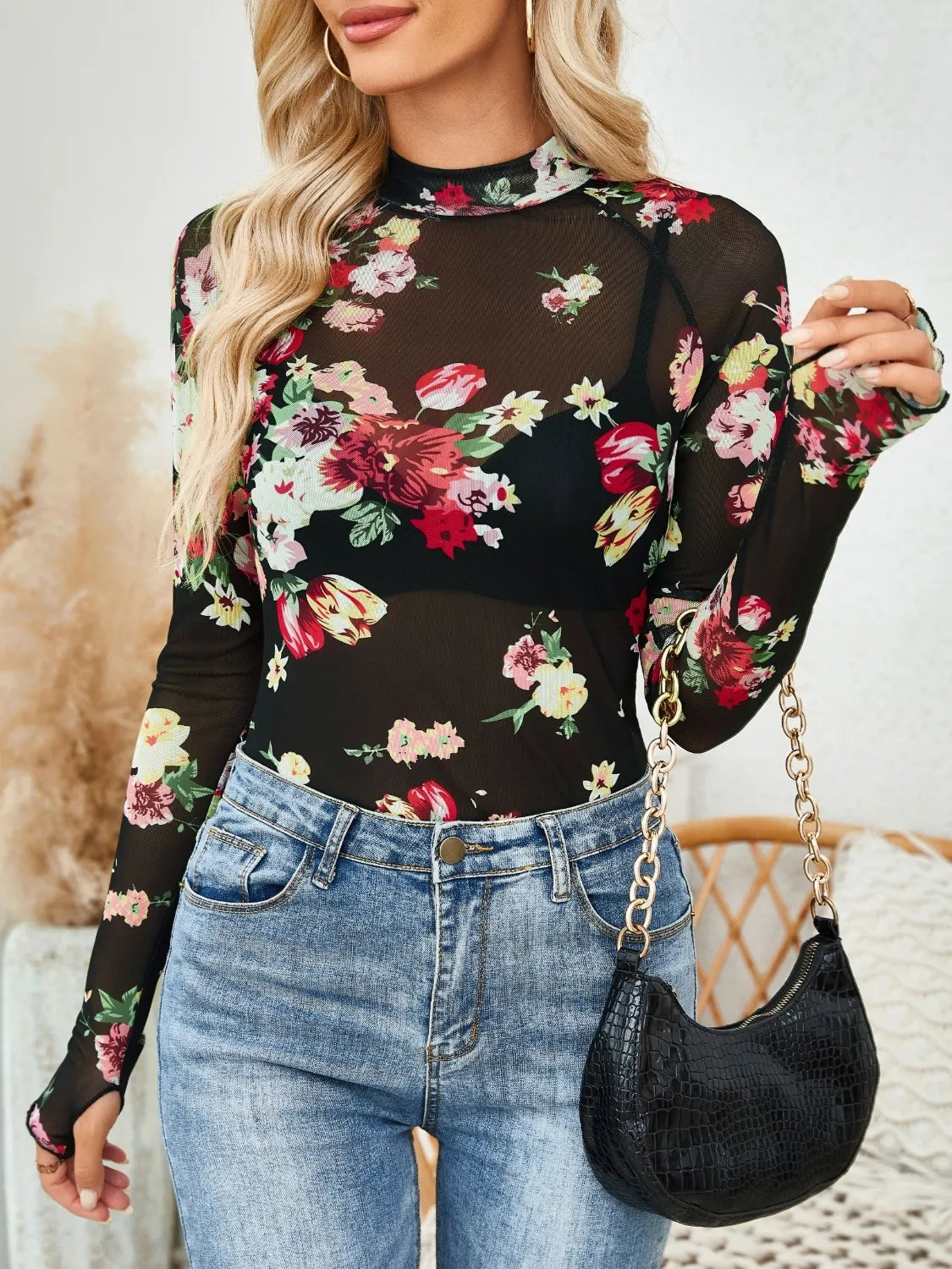 Floral Mock Neck Long Sleeve Top  Shop One Place