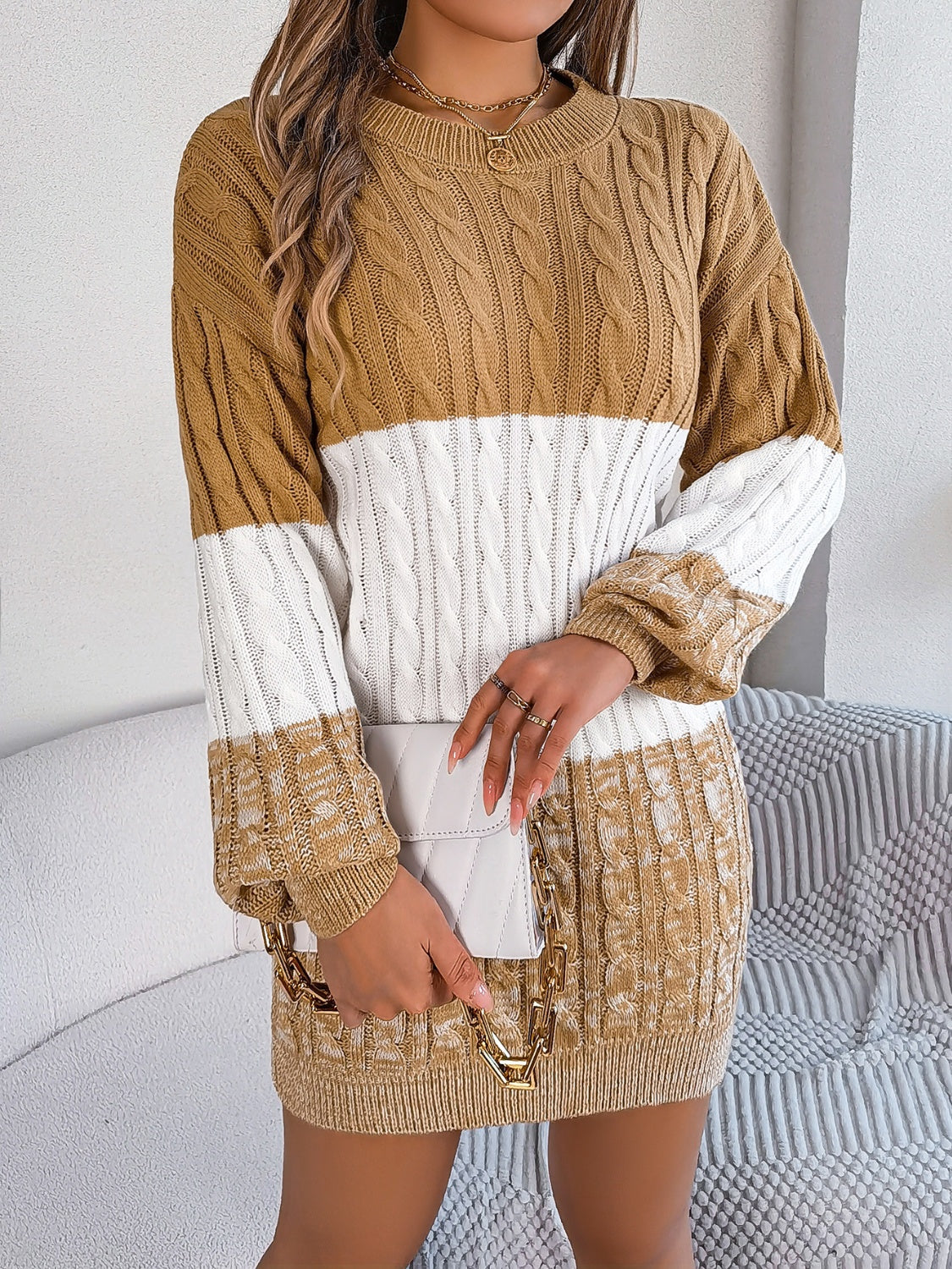 Cable-Knit Round Neck Color Block Sweater Dress  Shop One Place