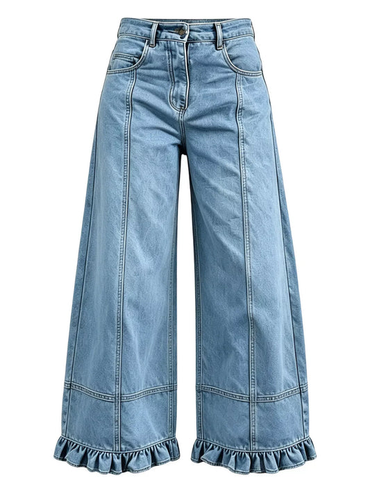 High-Waisted Wide-Leg Ruffled Hem Jeans Plus Size in Light, Medium, Dark, Brown, Khaki, Beige or Tan Wash
