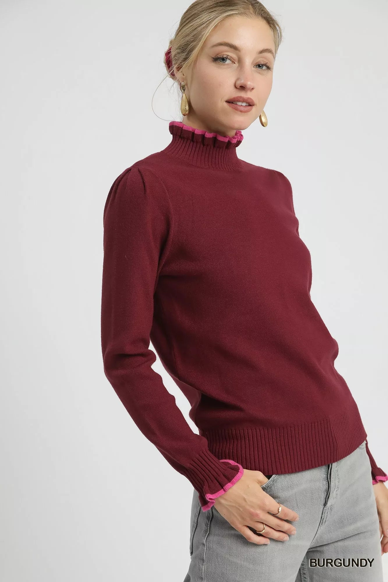 Umgee Ribbed Round Neck Sweater with Ruffle Contrast Trim  Shop One Place