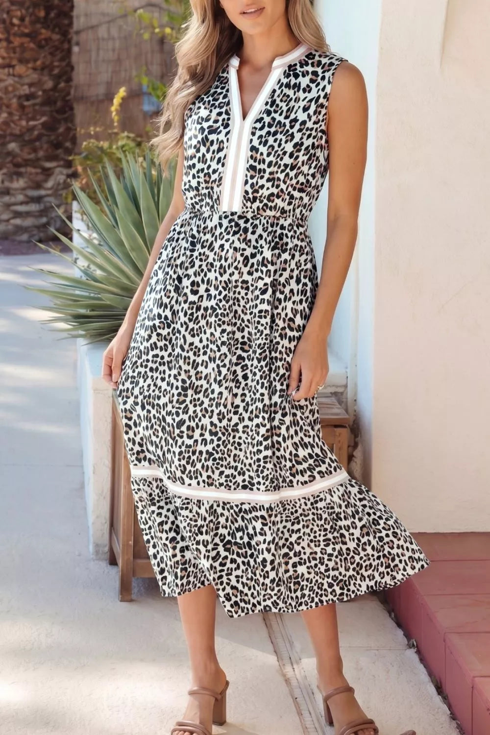 Leopard Print Colorblock Trim Sleeveless Midi Dress  Shop One Place