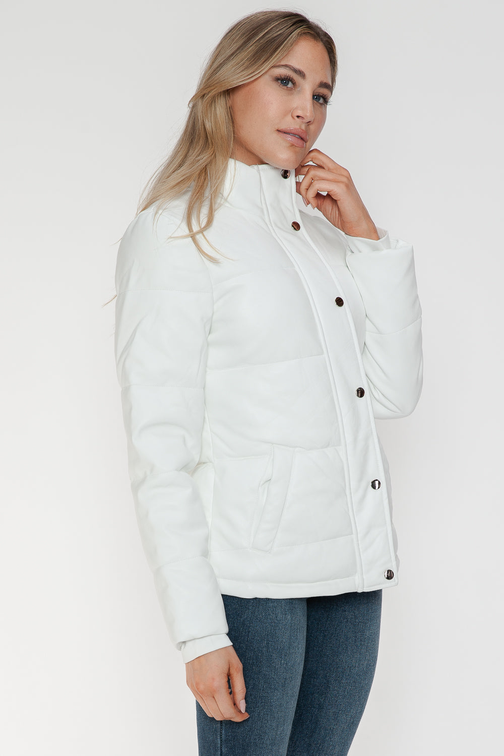 White YMI Pocketed Zip Up Turtleneck Puffer Jacket