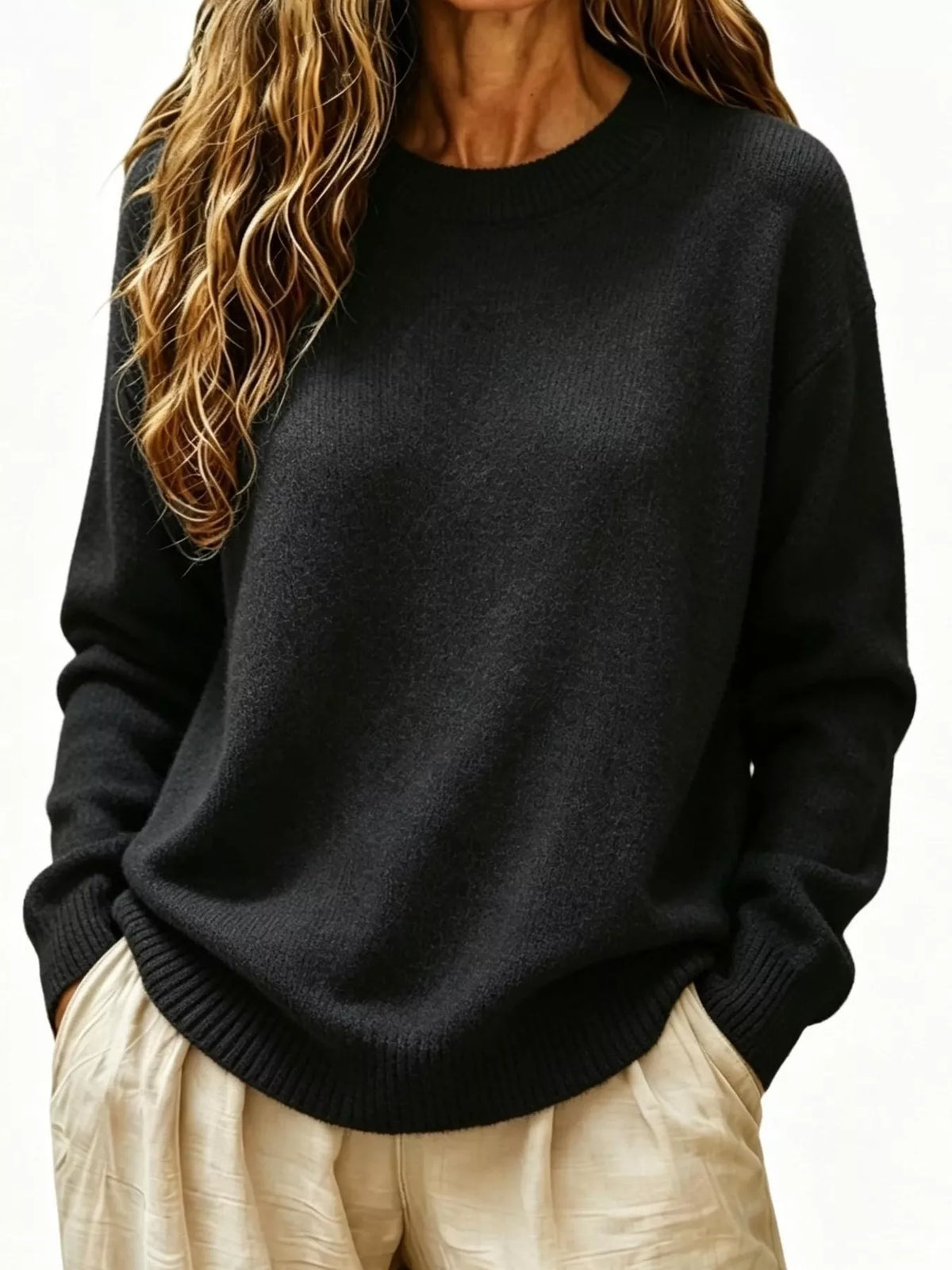 Full Size Round Neck Dropped Shoulder Sweater Plus Size  Shop One Place