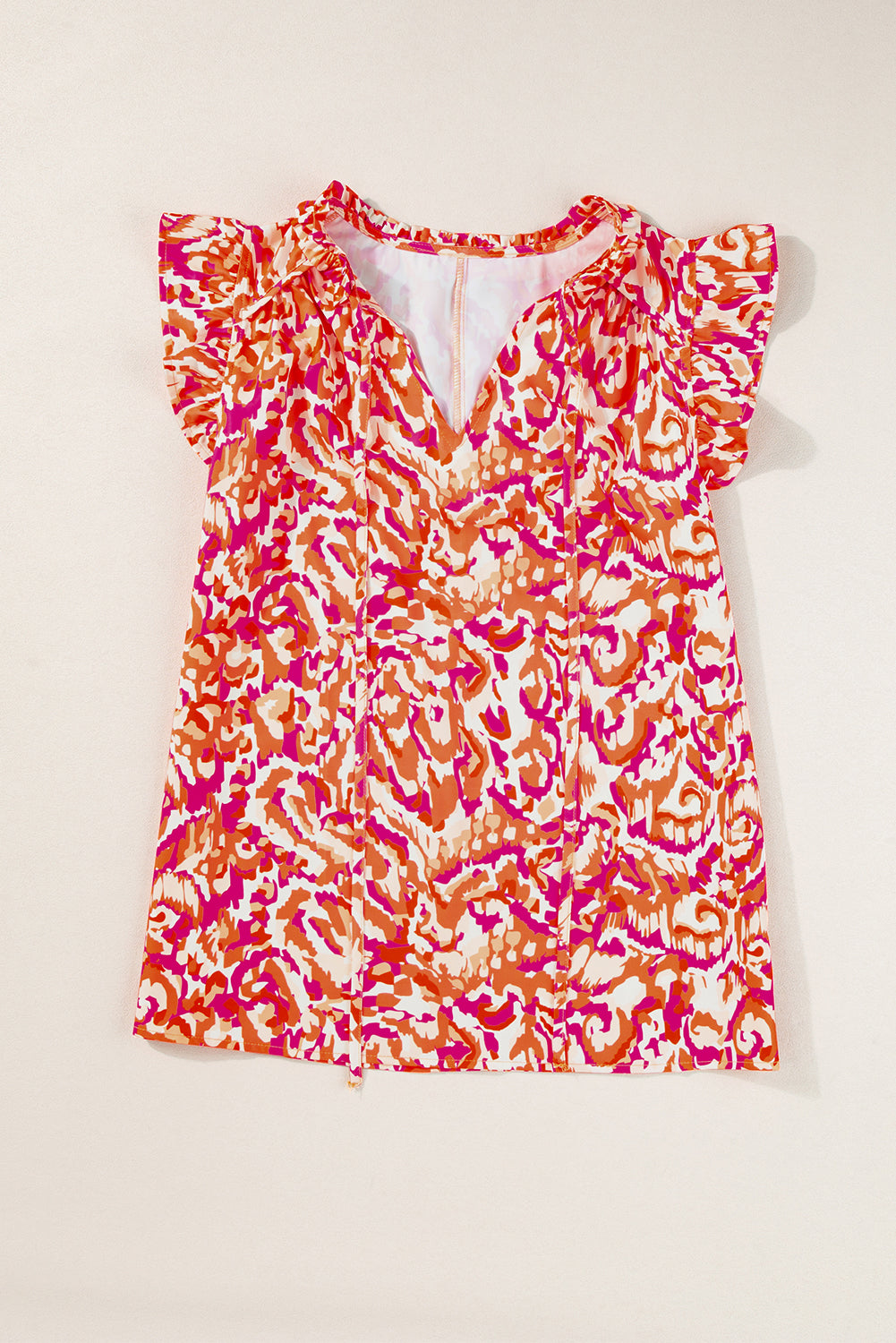 Orange Abstract Print Frill Split Neck Ruffle Sleeveless Top