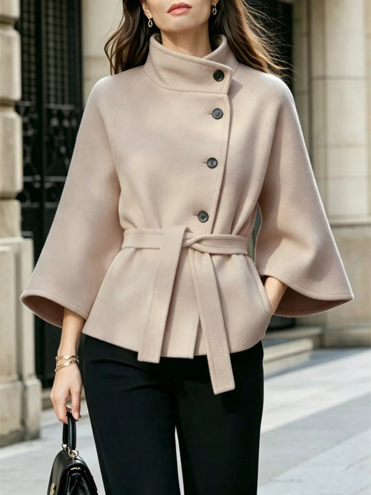 Button Down Cape Coat with Belted Waist  Shop One Place