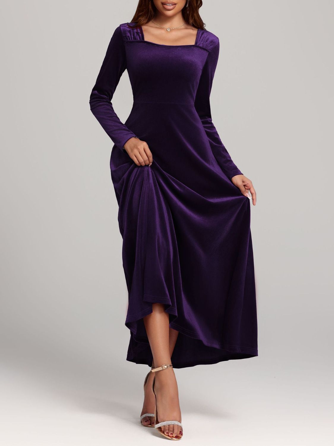 Square Neck Long Sleeve Velvet Dress  Shop One Place