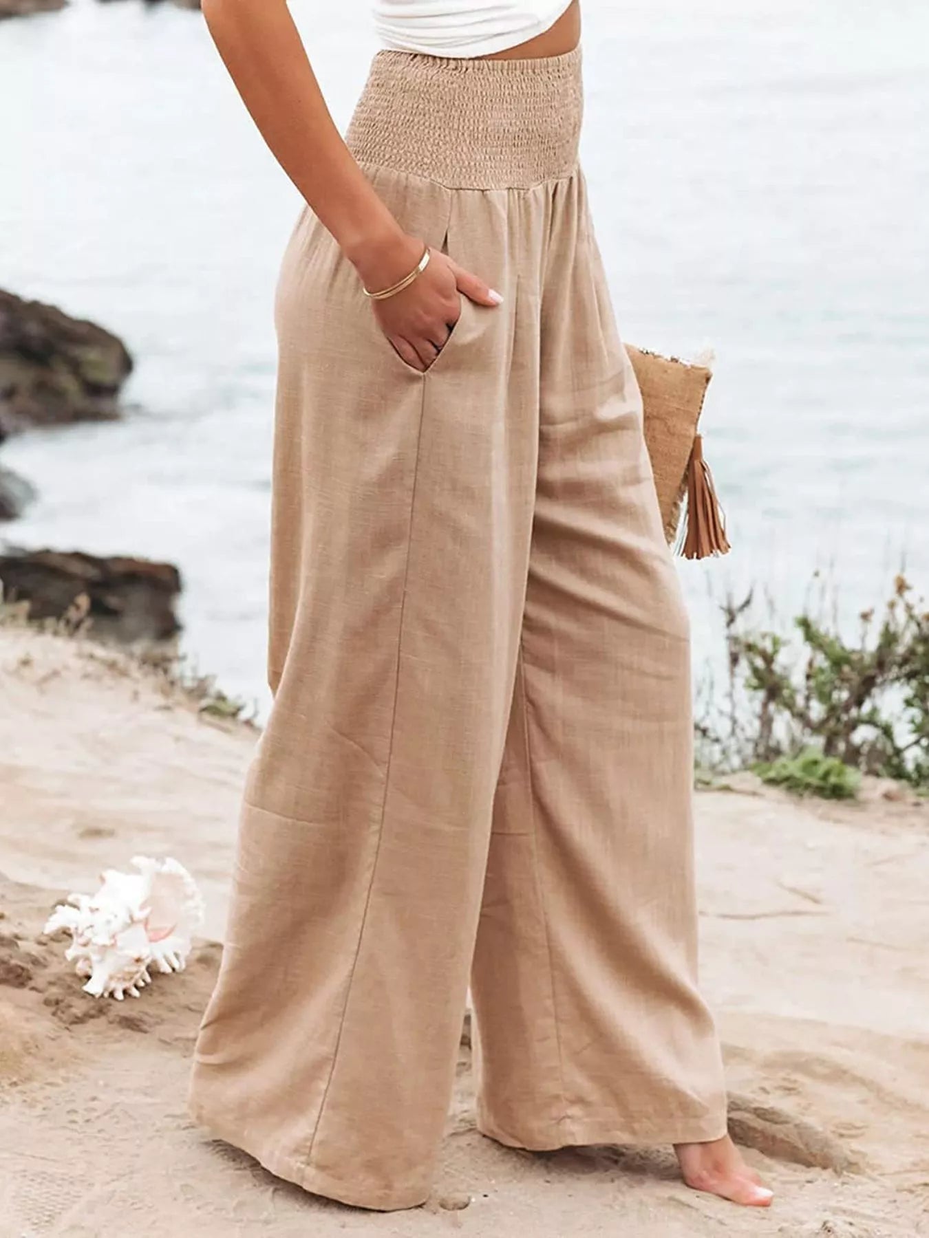 Smocked High Waisted Wide Leg Pants  Shop One Place