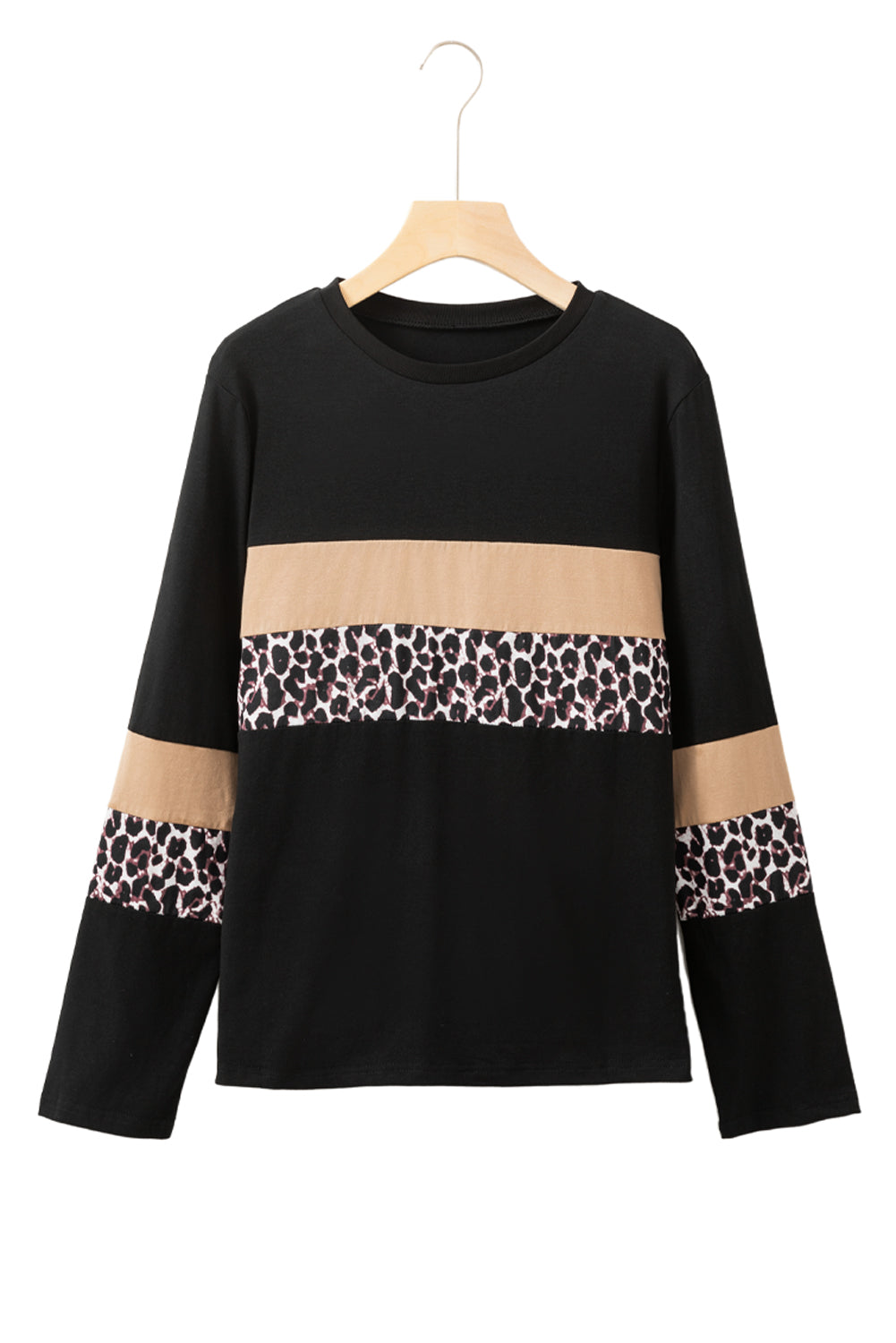 Khaki Leopard Colorblock Patchwork Crew Neck Top