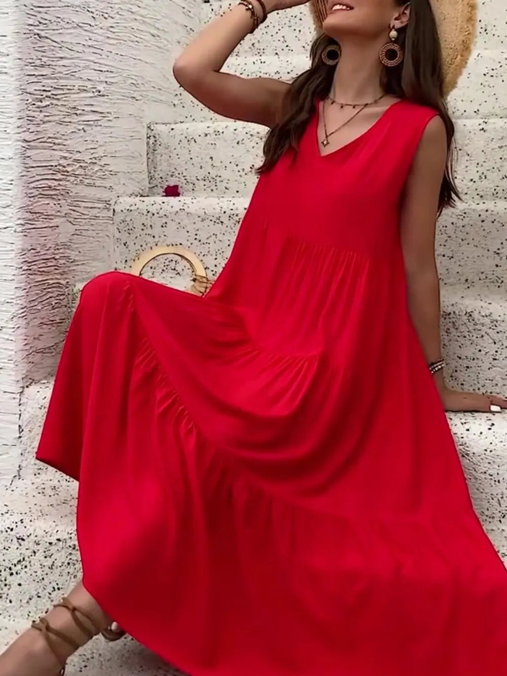 Tiered V-Neck Sleeveless Dress  Shop One Place