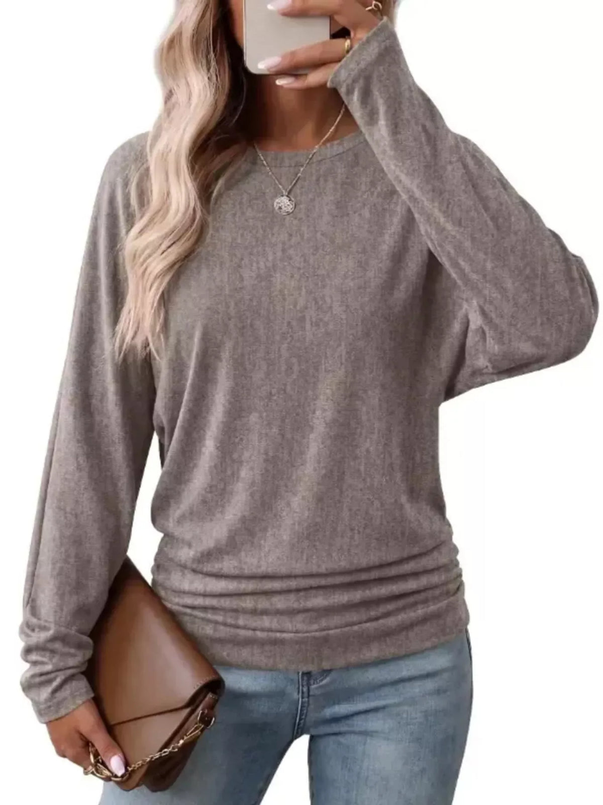 Women's Long Sleeve Crew Neck T-Shirt with Ruched Hem – view 11