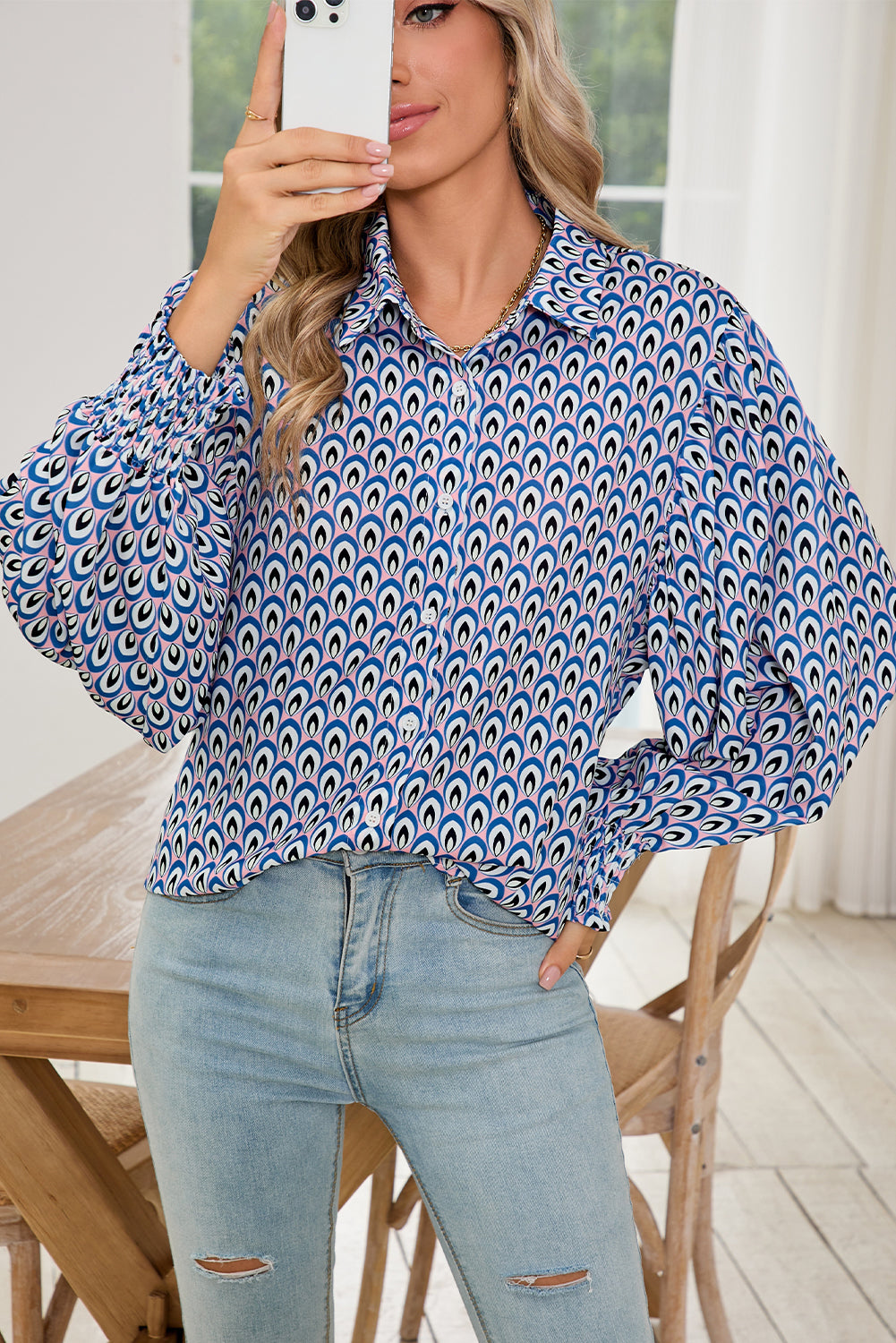 Sky Blue Abstract Print Collared Lantern Sleeve Shirt