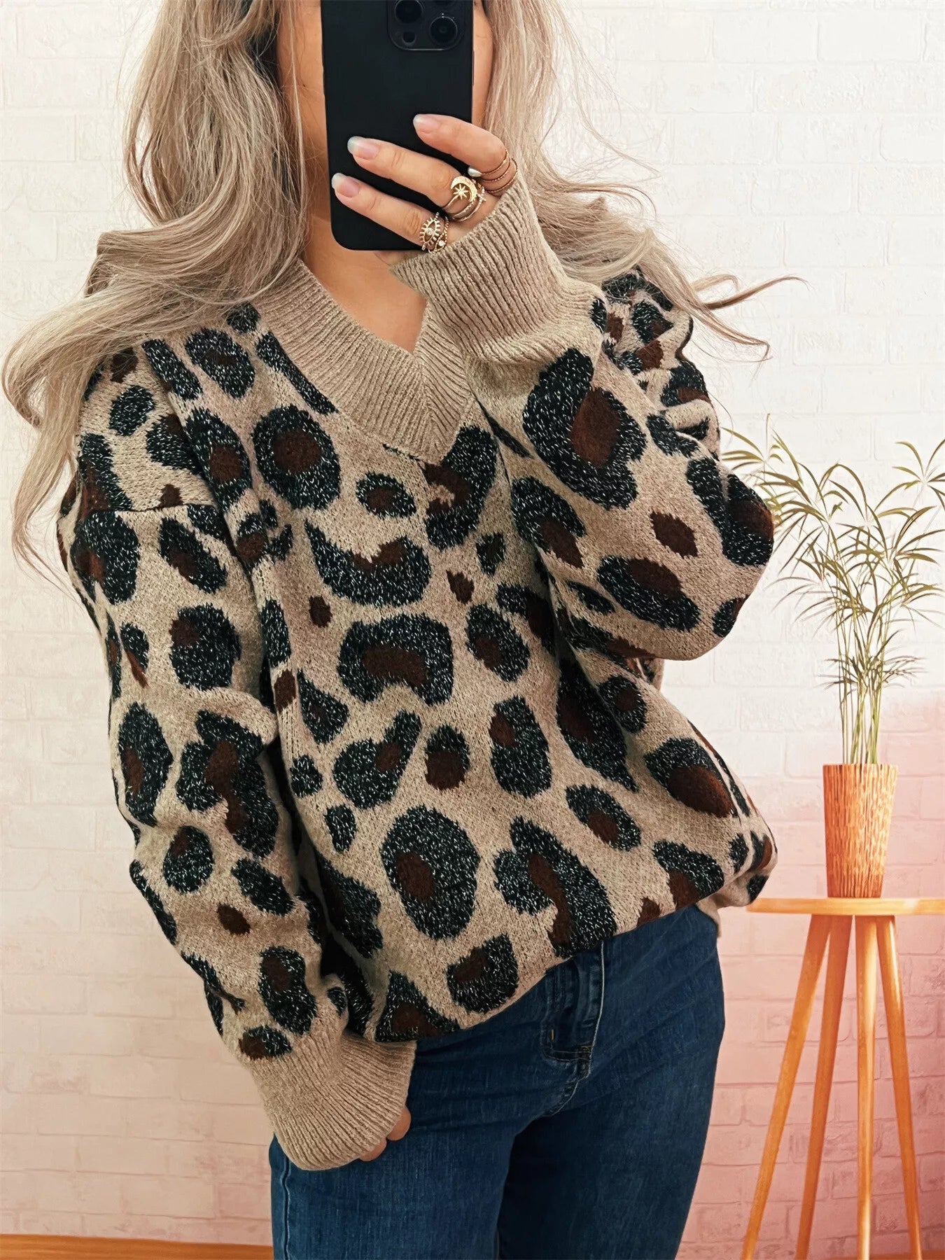 Leopard V-Neck Drop Shoulder Sweater  Shop One Place