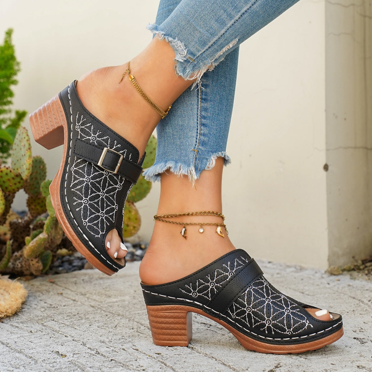 Buckle Decor Block Heel Sandals  Shop One Place