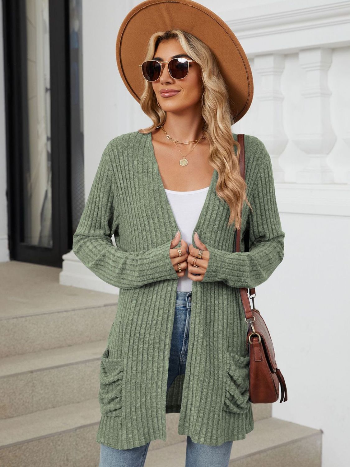 Pocketed Open Front Long Sleeve Cardigan  Shop One Place