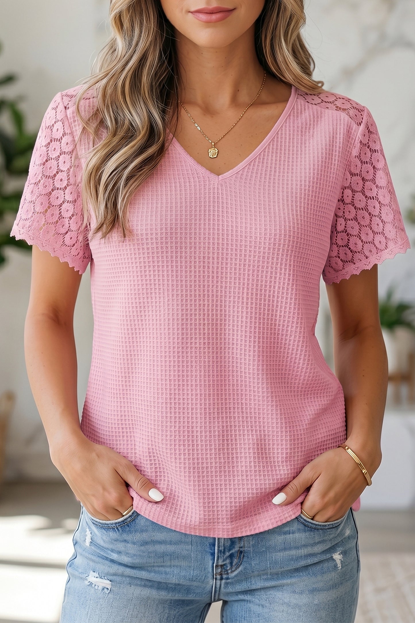 Pink Lace Splicing Button Cutout V Neck Waffle Knit Blouse  Shop One Place