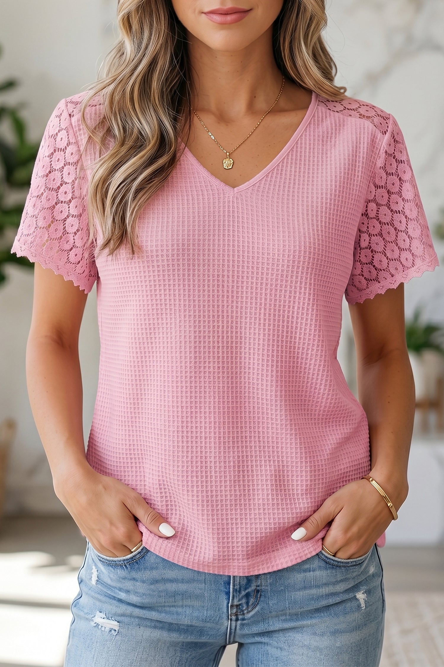 Pink Lace Splicing Button Cutout V Neck Waffle Knit Blouse  Shop One Place