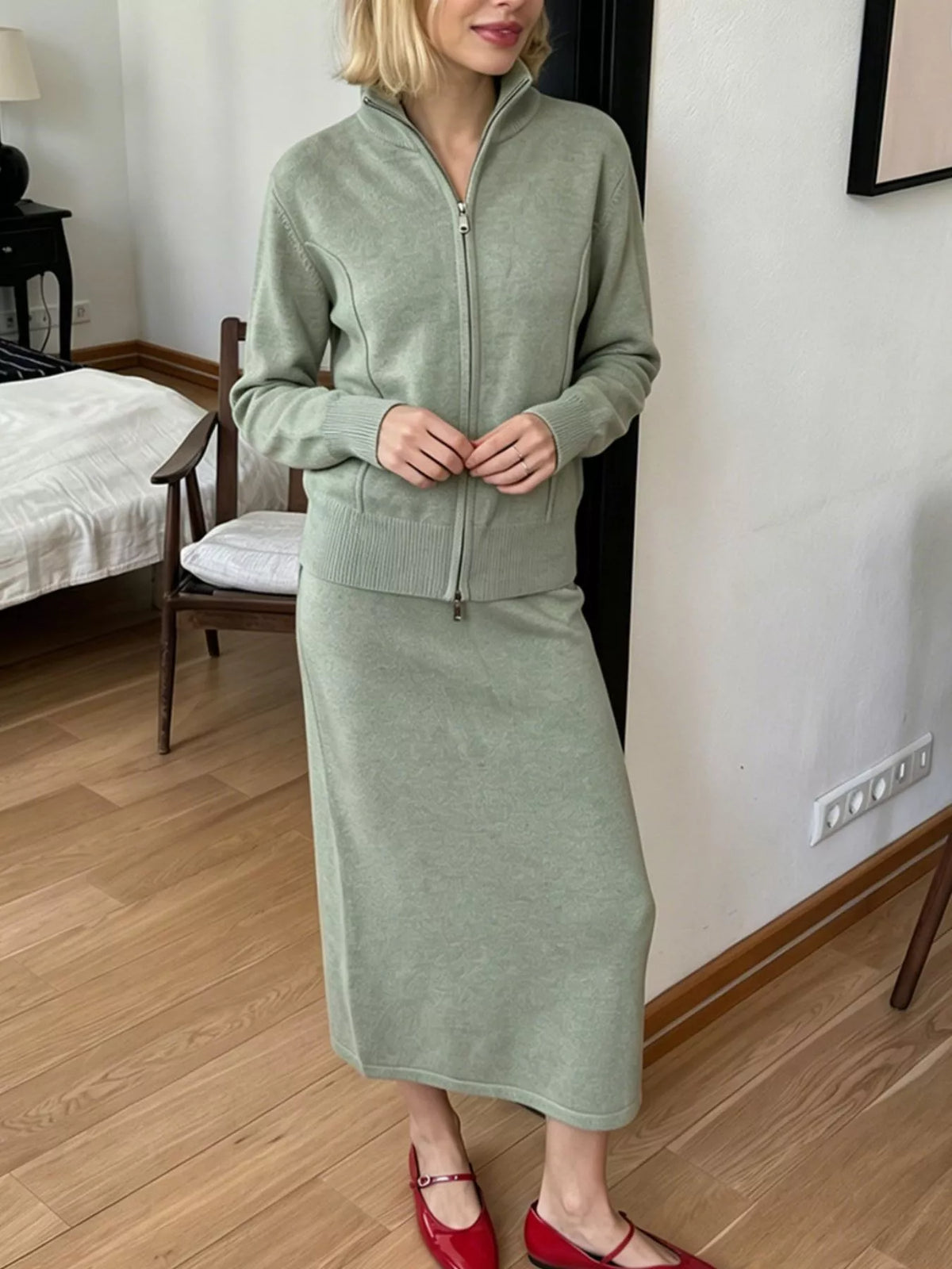 Zip-Up Mock Neck Cardigan and Matching Midi Skirt Sweater Set  Shop One Place
