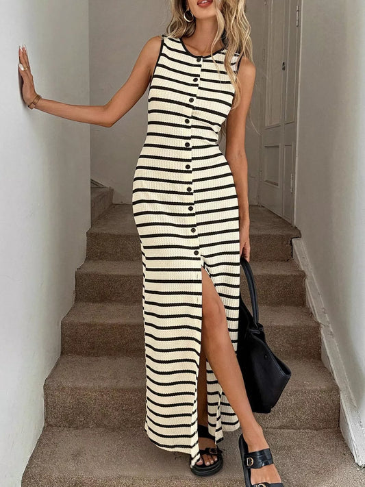 Striped Button-Front Sleeveless Maxi Dress – Cotton Blend Slit Dress for Women  Shop One Place